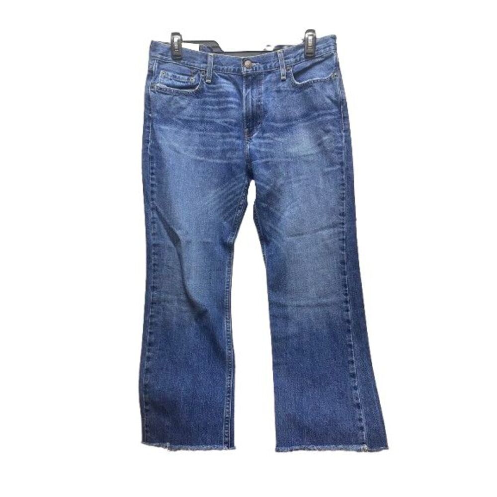 Hollister Jeans Adult 34x26 Blue Denim Whiskered Boot‎ Raw Hem Zip Fly Mens